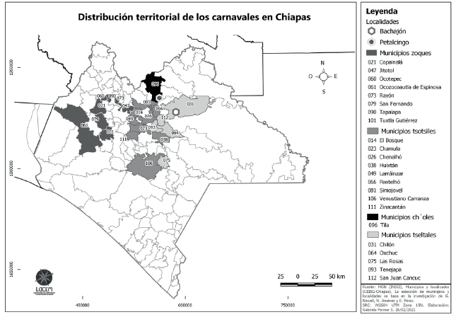 Ubicación de las localidades y municipios de los carnavales en Chiapas